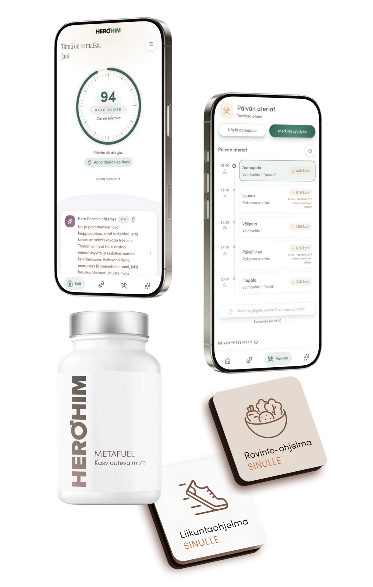 HeroHim BurnCore Start -paketti: HeroApp-sovellus puhelimessa, liikunta- ja ravinto-ohjelma sekä MetaFuel-ravintolisäpurkki.
