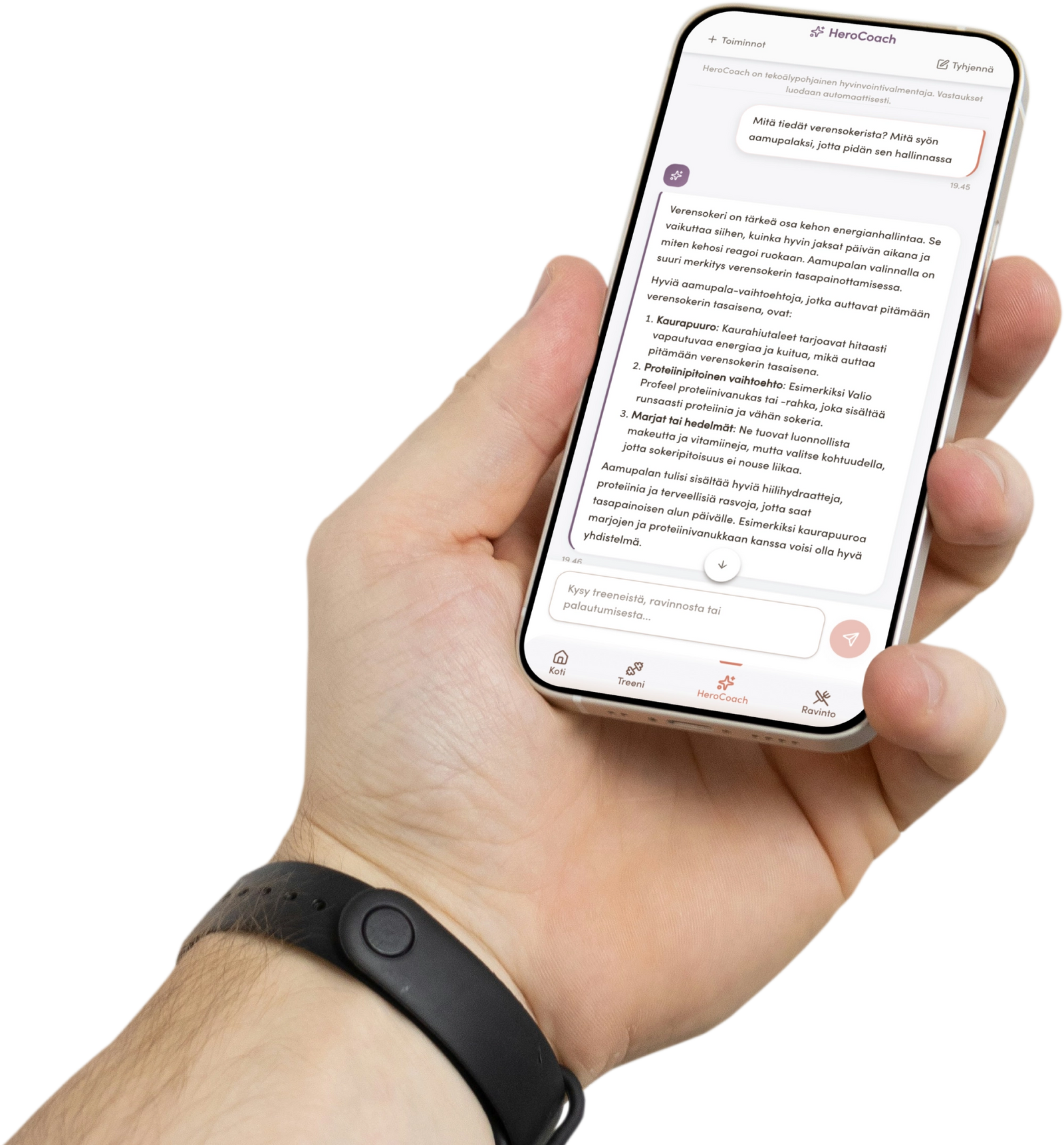 Hero Coach -keskustelu HeroApp-puhelinnäkymässä