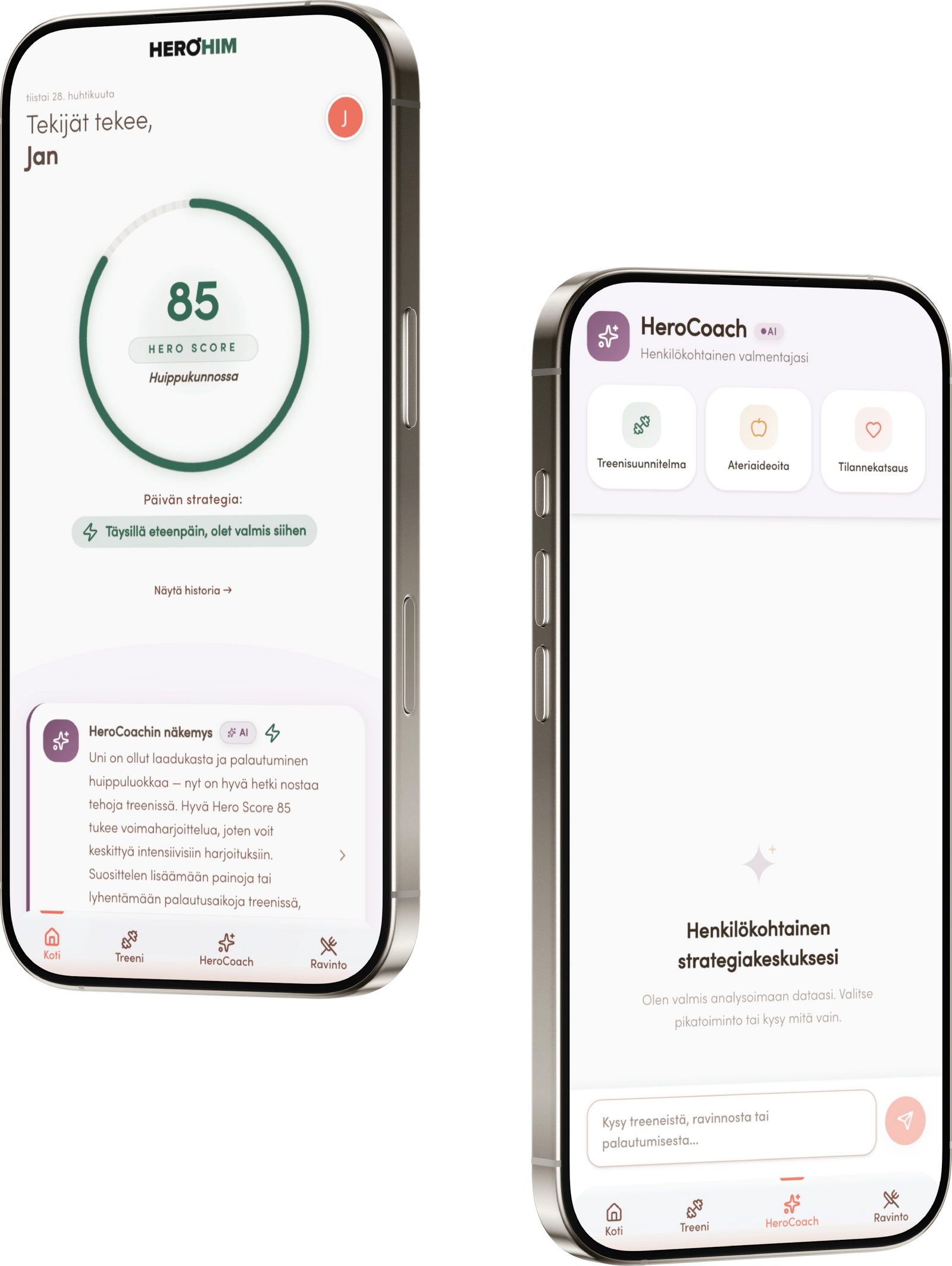 HeroApp etusivu ja Hero Coach -näkymä kahdessa puhelimessa