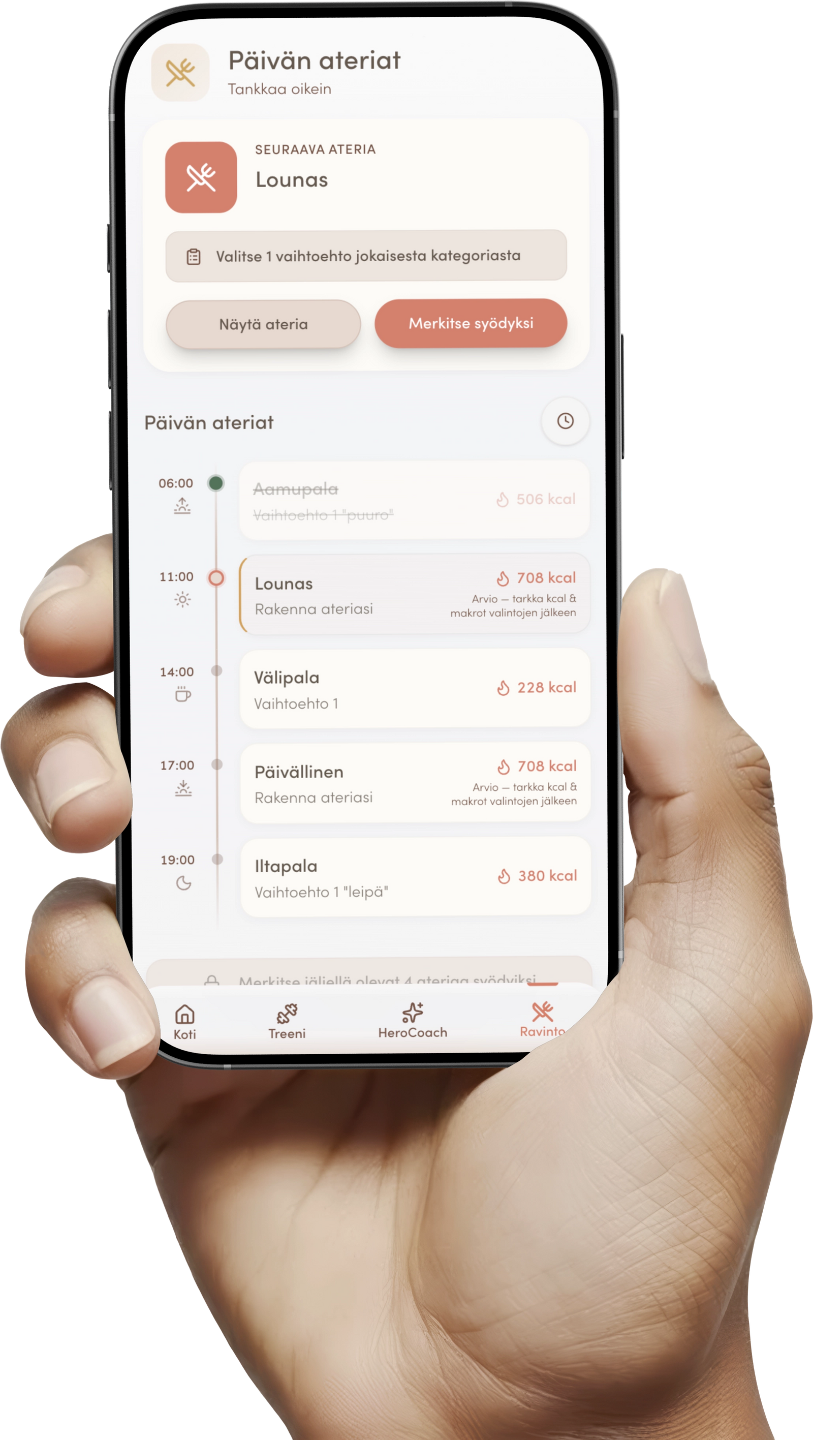 HeroApp ravinto-ohjelma näkyvissä puhelimen näytöllä