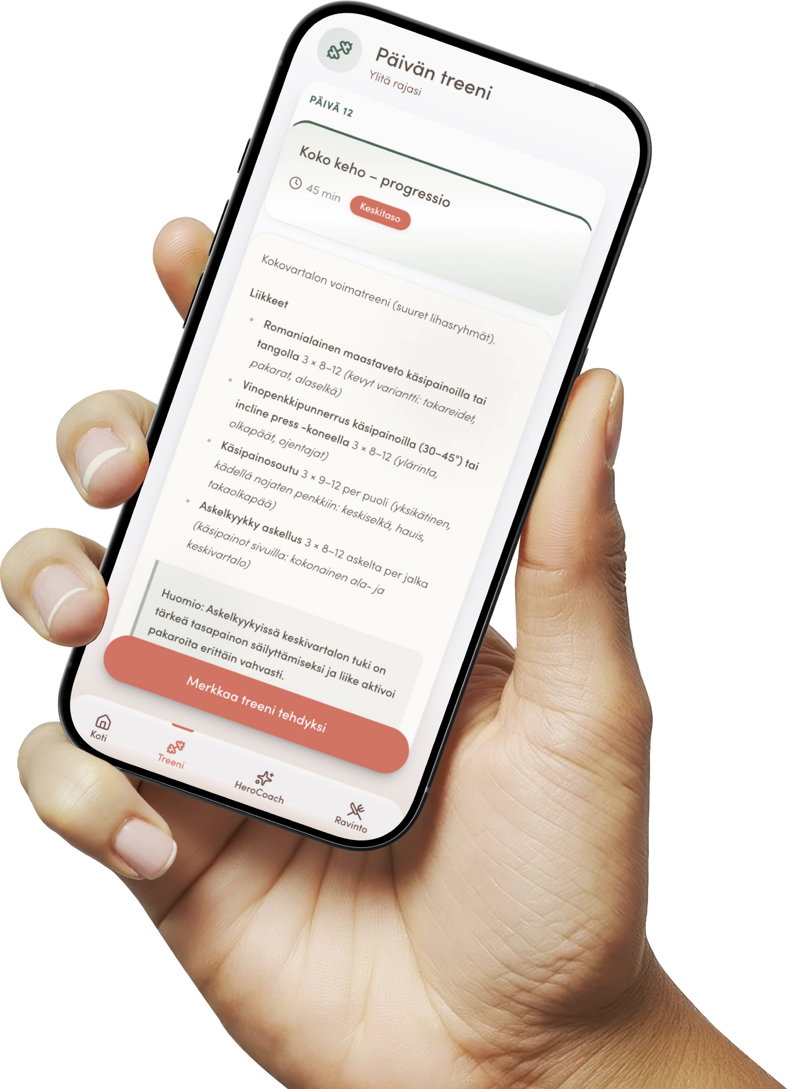 HeroApp treeniohjelma näkyvissä puhelimen näytöllä