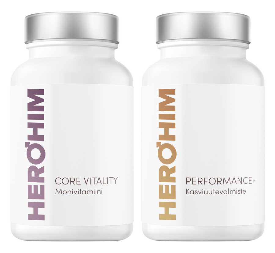 HeroHim Core Vitality ja Performance+ -ravintolisäpurkit