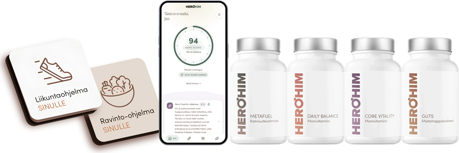 HeroHim Painonhallinnan Perusta -paketti: HeroApp-sovellus puhelimessa, liikunta- ja ravinto-ohjelma sekä neljä ravintolisäpurkkia – Metafuel, Daily Balance, Core Vitality ja Guts.